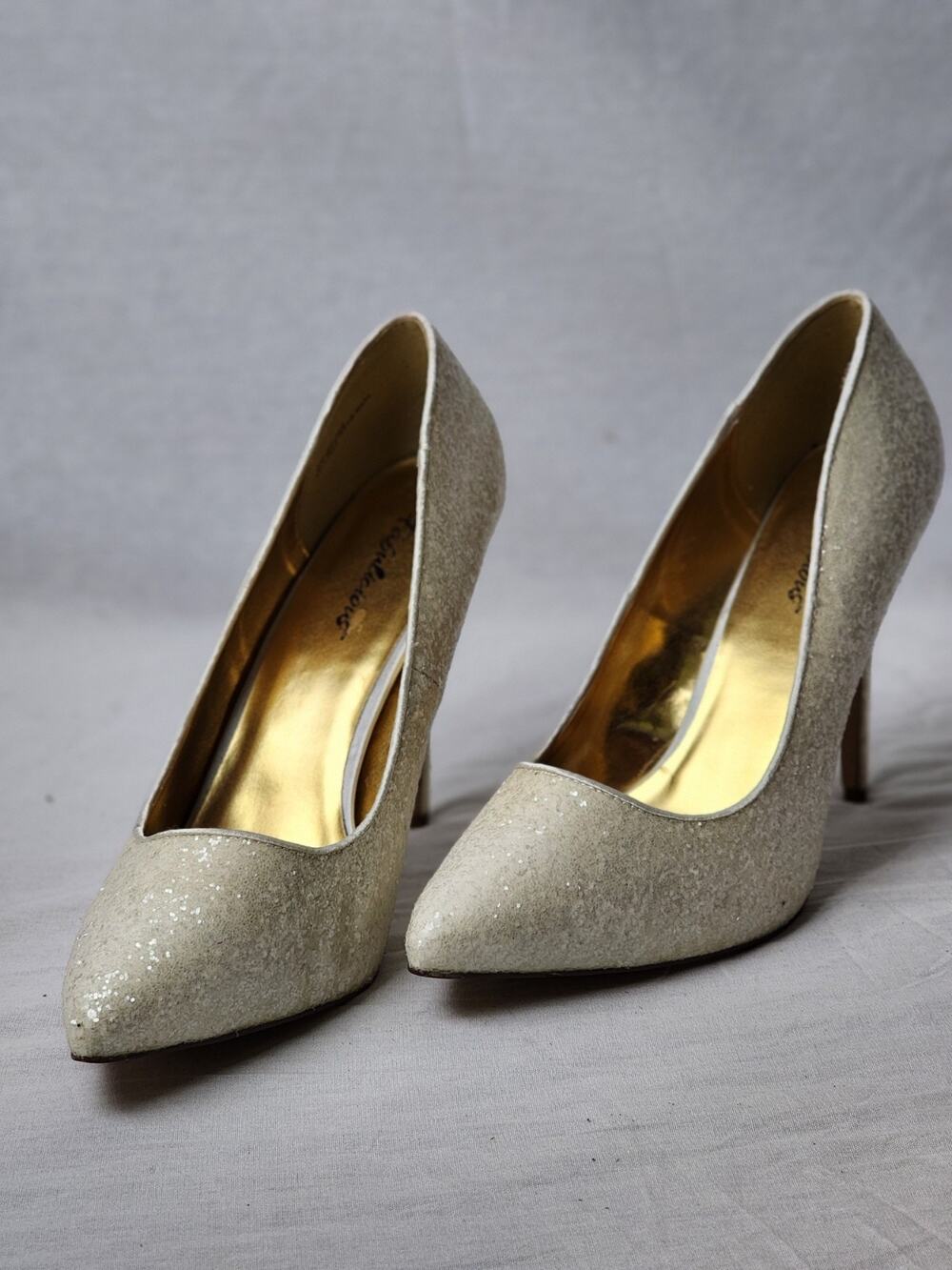 New Ivory & Gold Glitter Stiletto High Heels Fabulicious Size 14 M Womens White